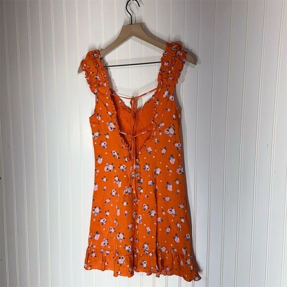 Free People S Orange Floral Mini Dress Ruffle Hem Tie Back Linen Blend Cottage - Picture 4 of 10